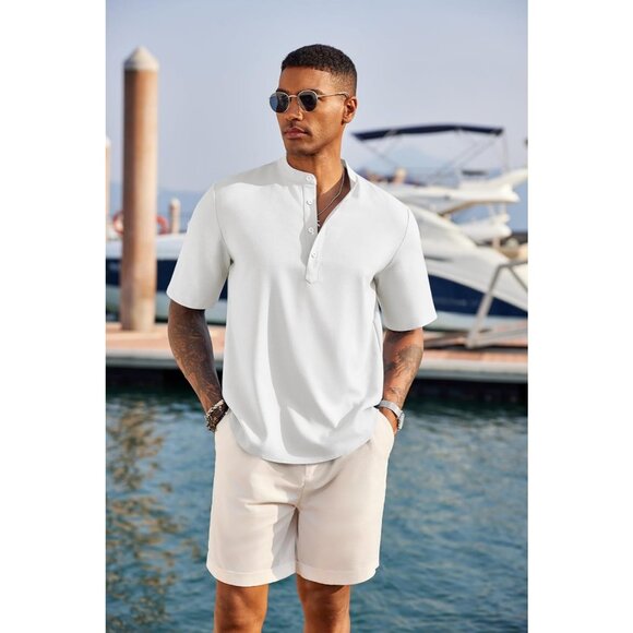 Men's Casual Henley Short Sleeve Band Collar Linen Summer Beach Hippie T-Shirts - Picture 2 of 7